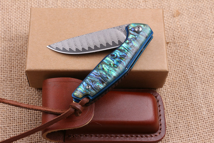 Blue bird Damascus folding knife with Abalone handle UD404496